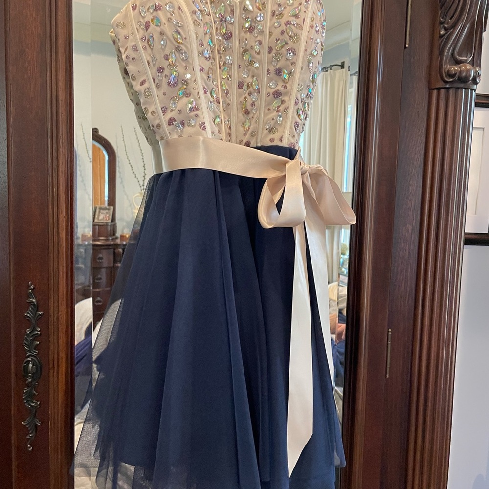 Short formal dress, navy and tan with beading